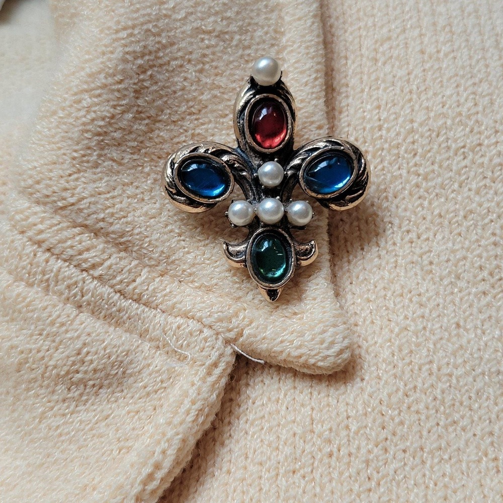 Vintage‎ 80s Fleur De Lis Brooch Gold Tone Cabochon Acrylic Jewels Glam Unisex - Picture 6 of 6